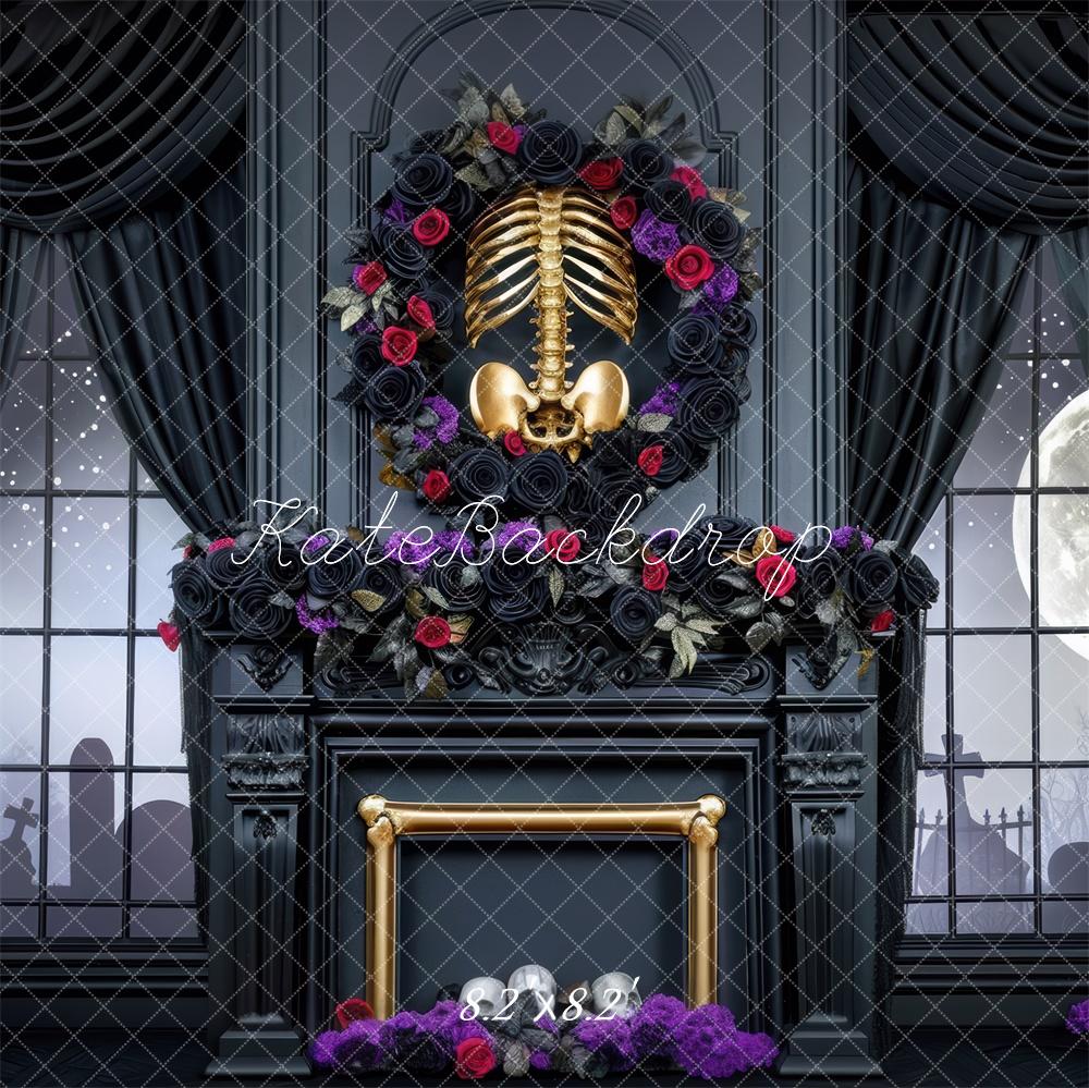 Kate Halloween Skeleton Room Black Curtains Fireplace Backdrop Designed by Mini MakeBelieve