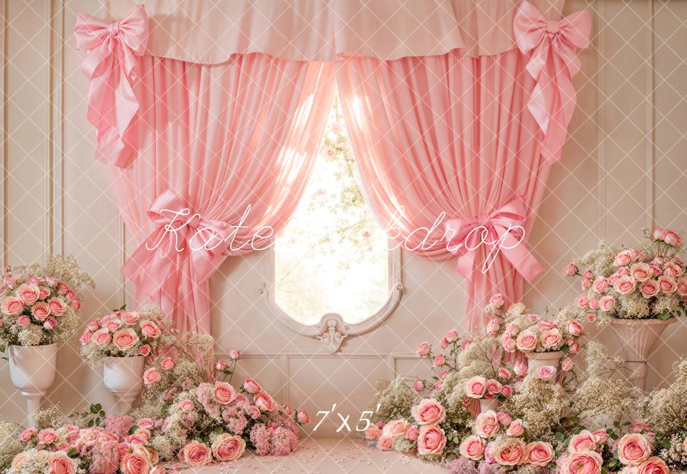 Kate Cake Smash Pink Floral Curtain Bow Backdrop Designed by Emetselch