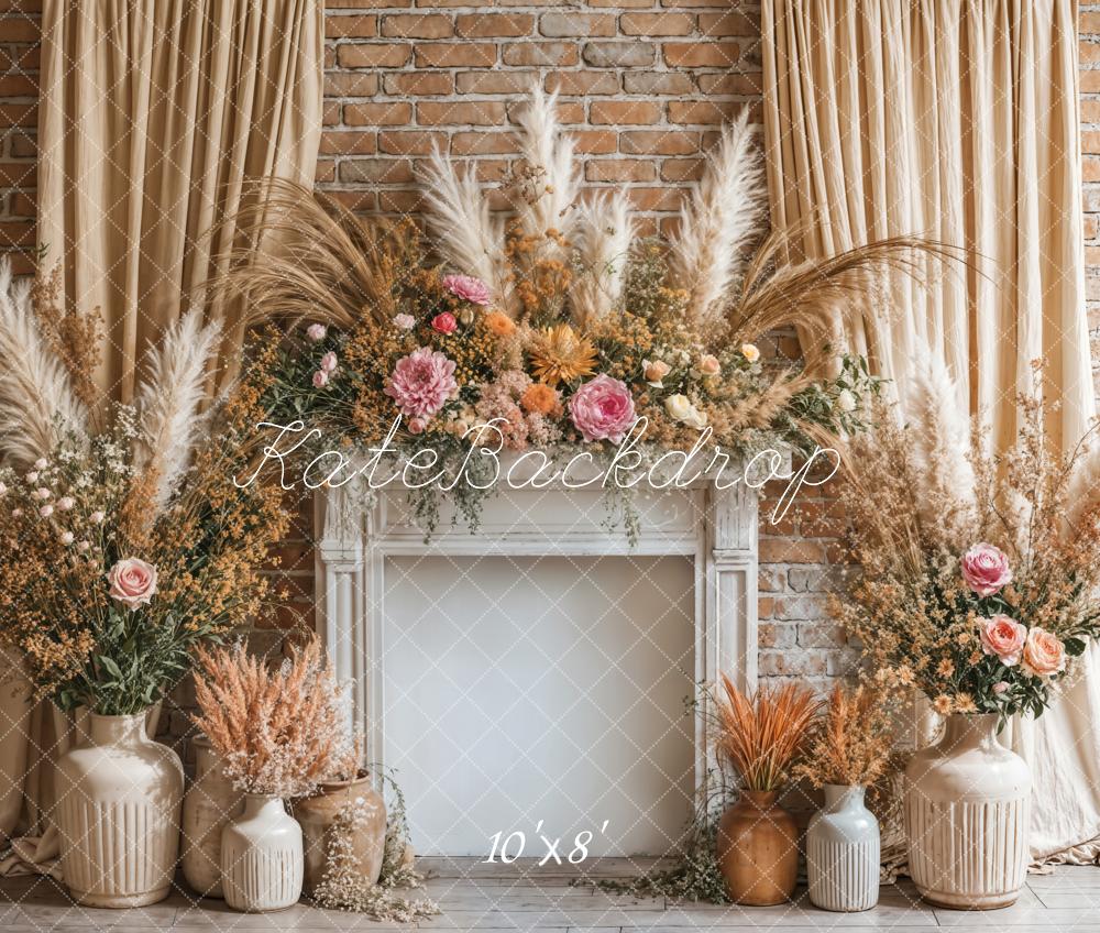 Kate Boho Floral Fireplace Curtain Beige Backdrop Designed by Emetselch