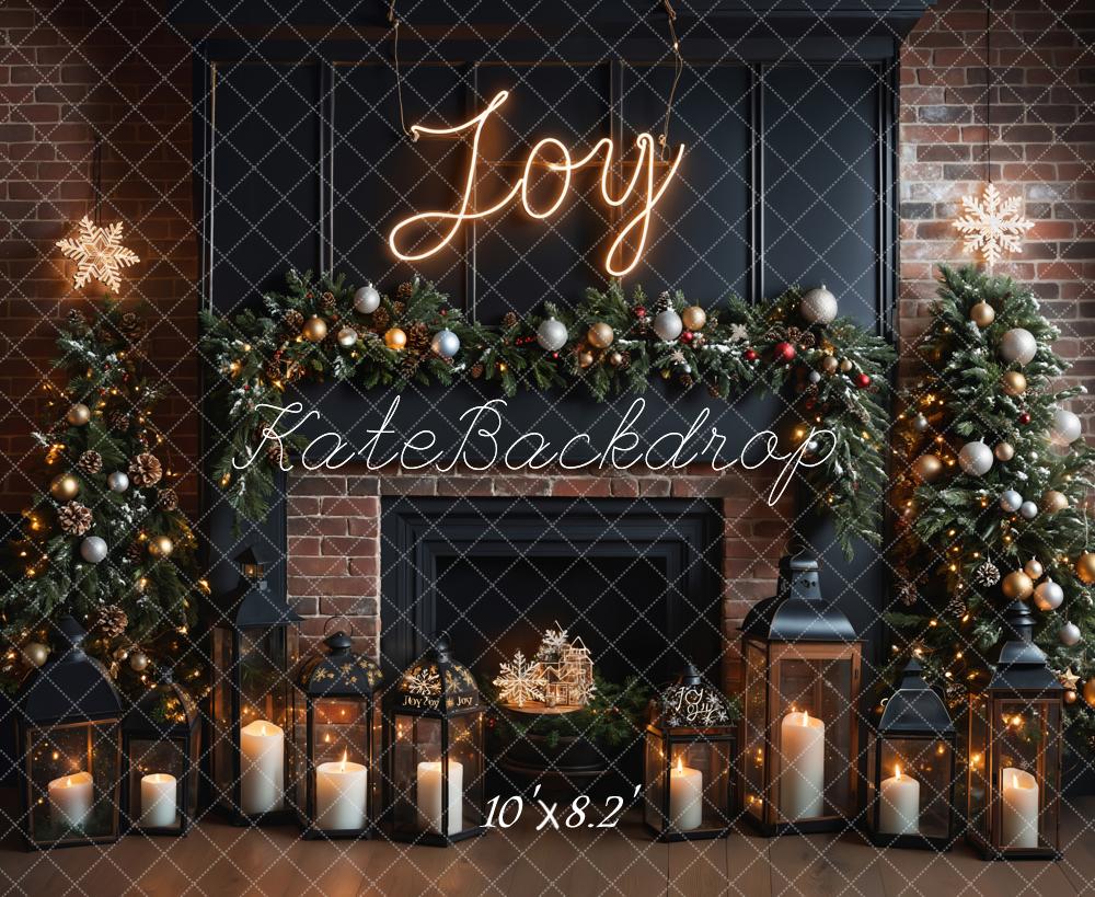 Kate Christmas Joy Sign Brown Brick Fireplace Black Wall Backdrop Designed by Emetselch