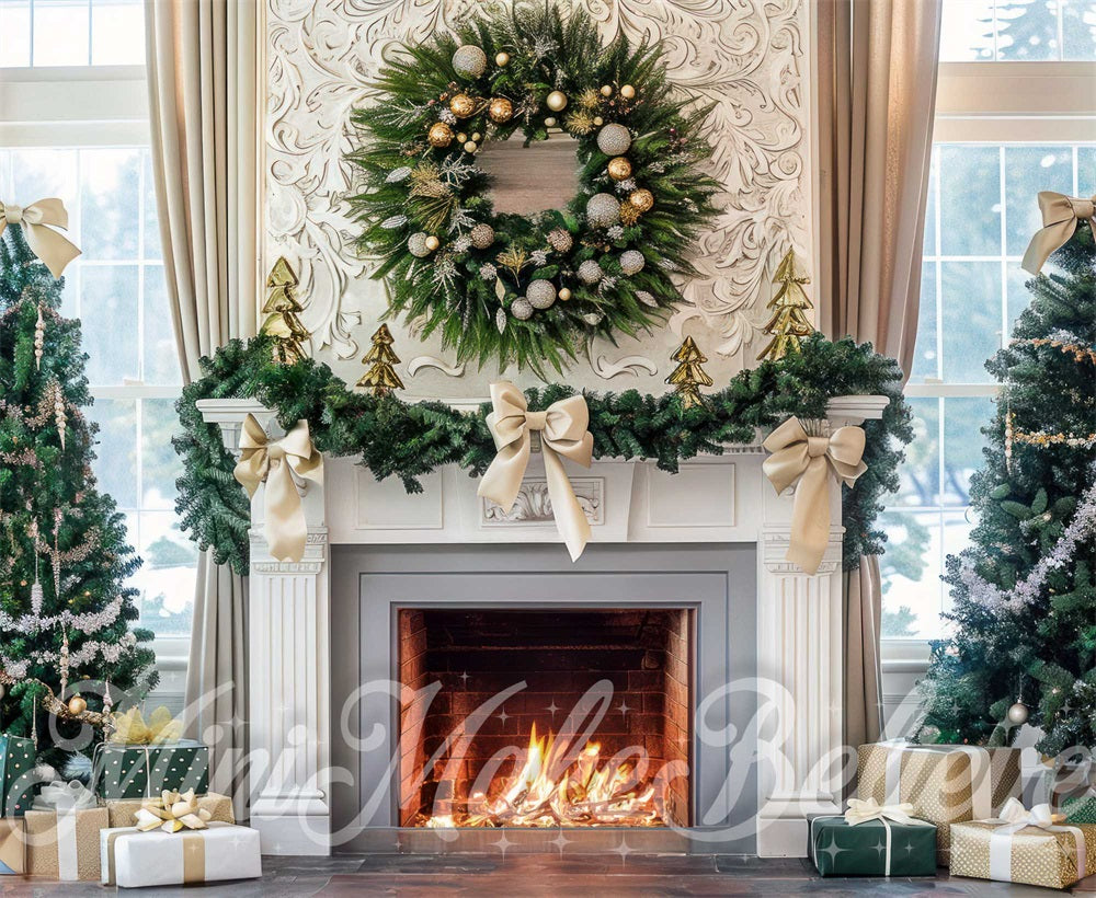 Kate Christmas White Bow Vintage Floral Fireplace Backdrop Designed by Mini MakeBelieve