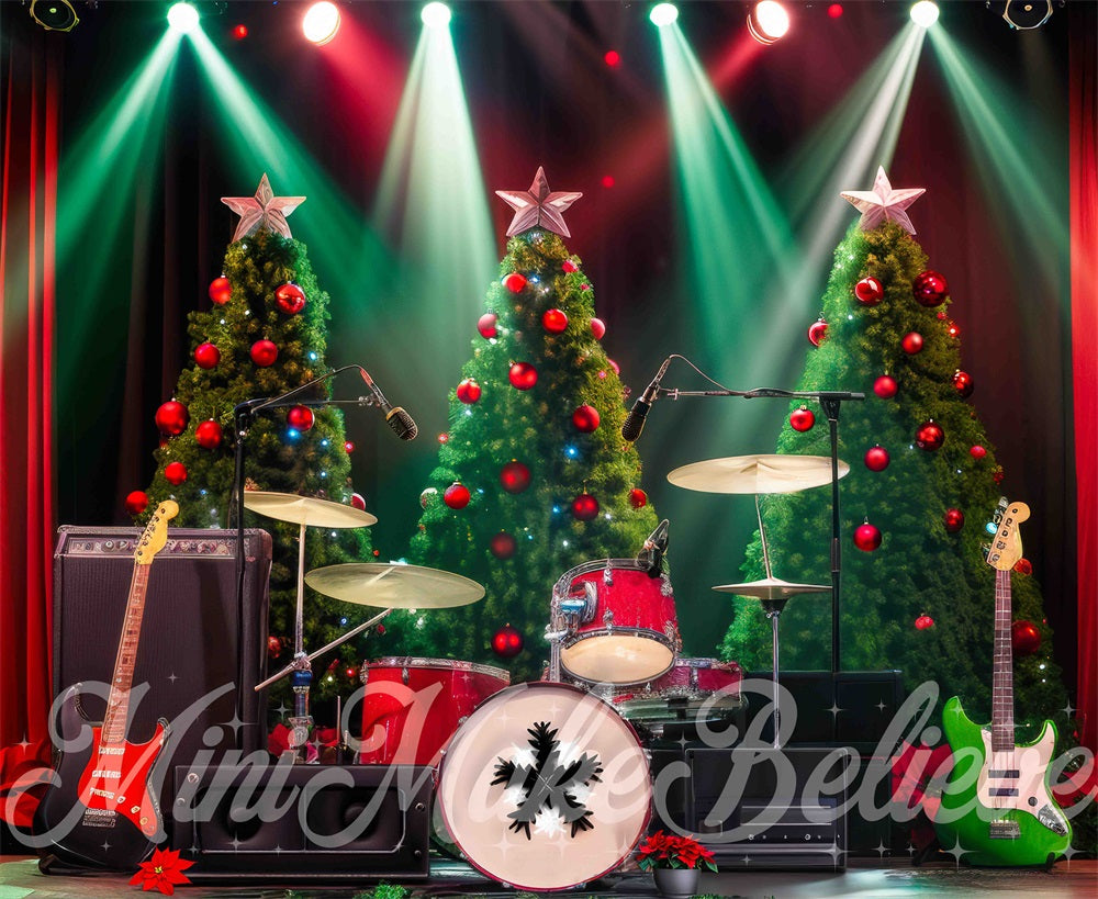 Retro Kerstboom Rock Muziek Podium Foto Achtergrond Designed by Mini MakeBelieve