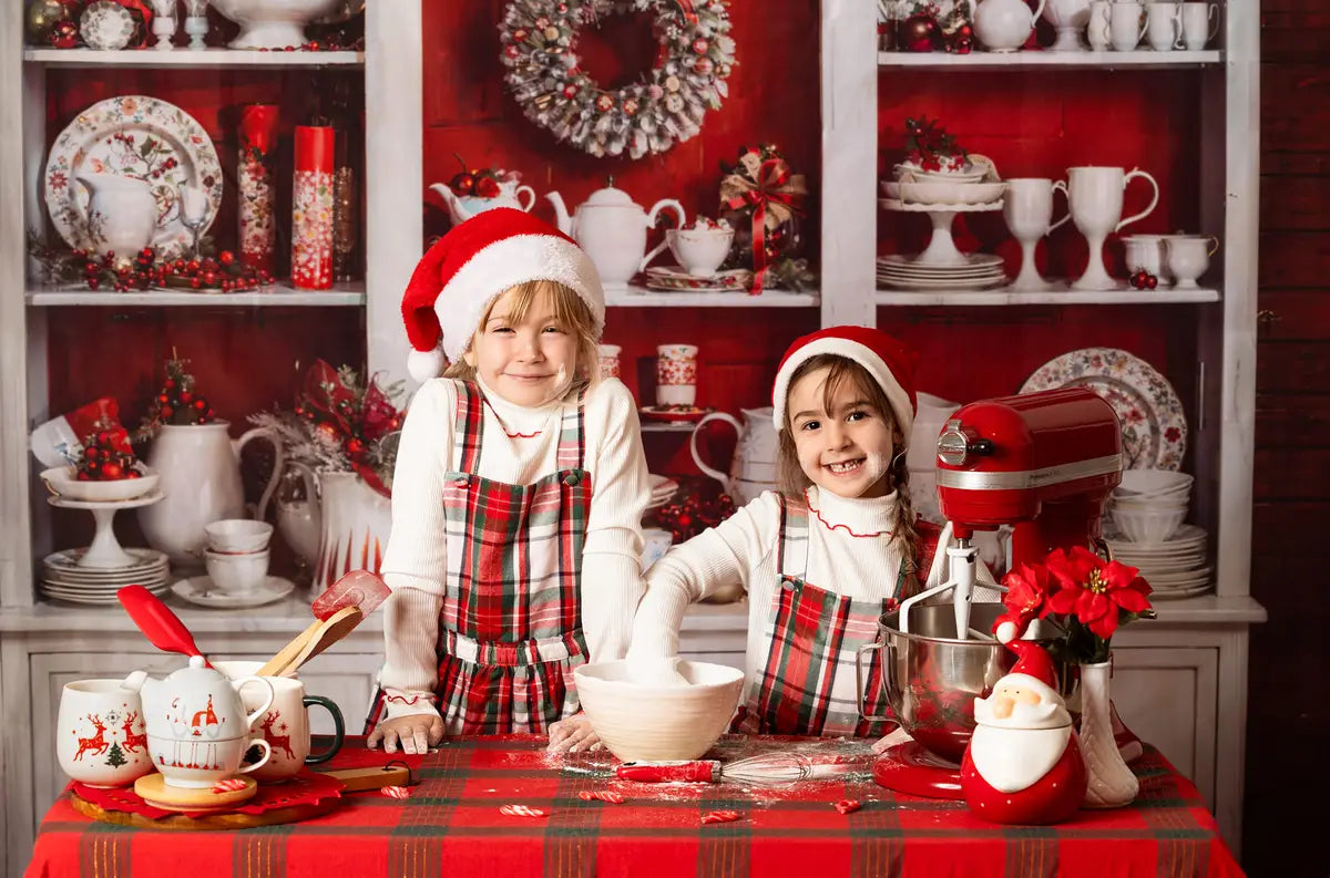 Kate Christmas Red Kitchen White Cupboard Backdrop Designed by Chain Photography