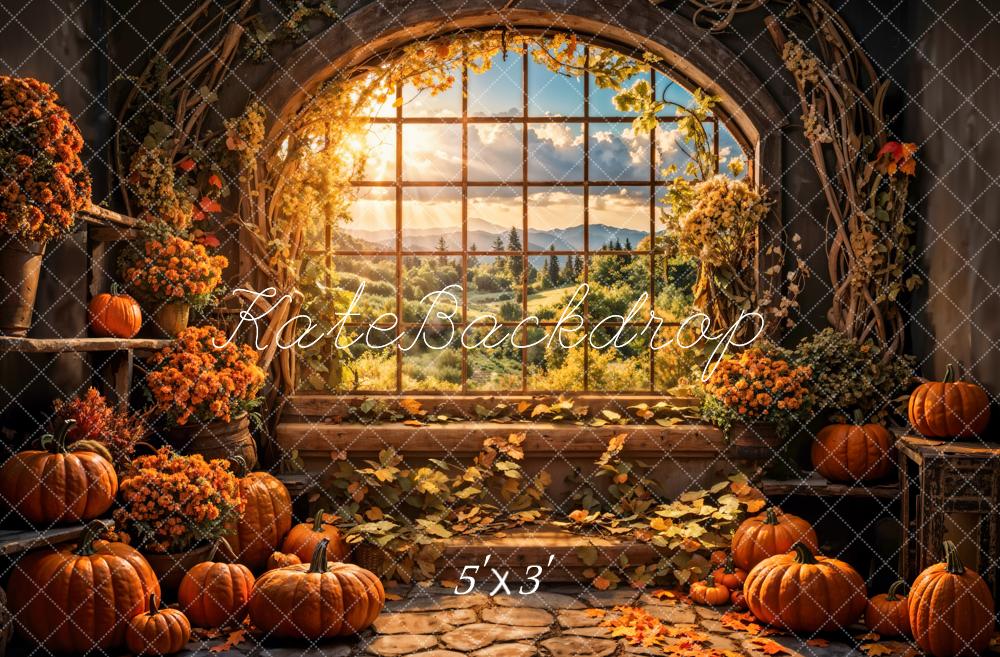 Kate Fall Flower Pumpkin Barn Arch Window Backdrop Designed by Emetselch