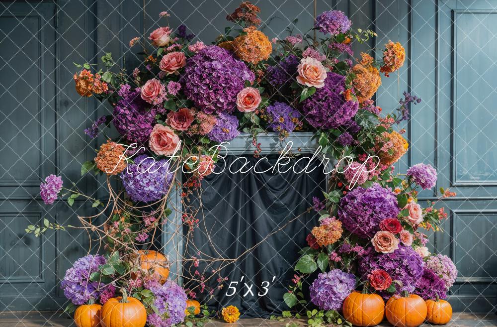 Arco de Flores de Otoño Azul Vintage Fondo de Pared Diseñado por Emetselch