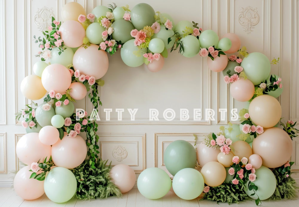 Jarige Job Foto Achtergrond Roze Roos Groene Ballon Boog Witte Retro Wand Ontworpen door Patty Robert