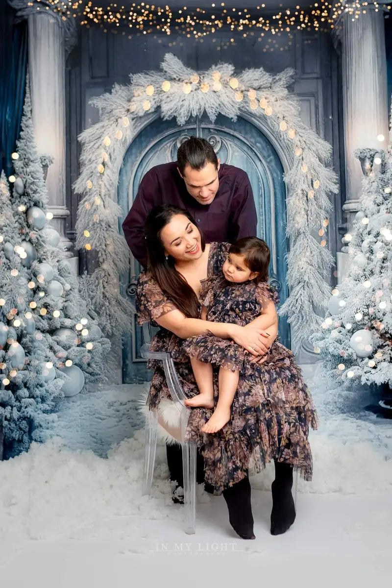 Fondo de puerta azul con árbol de mundo helado de invierno navideño para fotografía