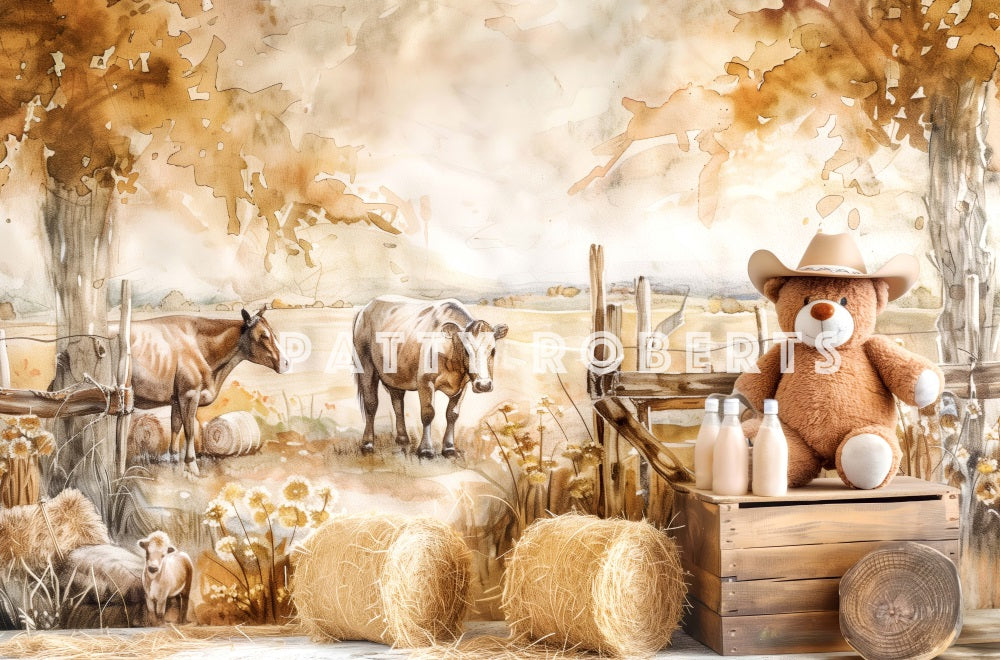 Retro Cartoon Farm Cow Teddy Bear Milk Backdrop Designed by Patty Robert