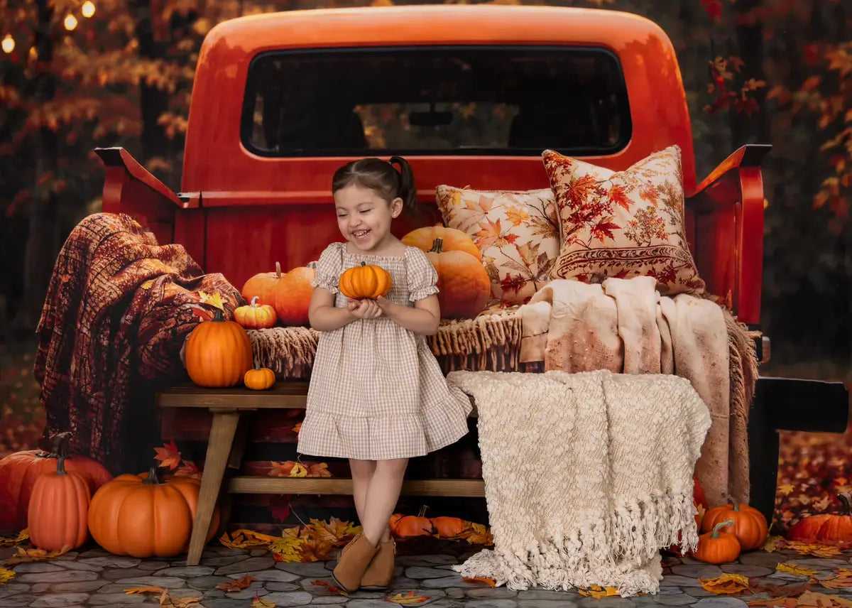 Kate Pet Autumn Forest Maple Leaf Pumpkin Dark Orange Truck Backdrop Designed by Emetselch