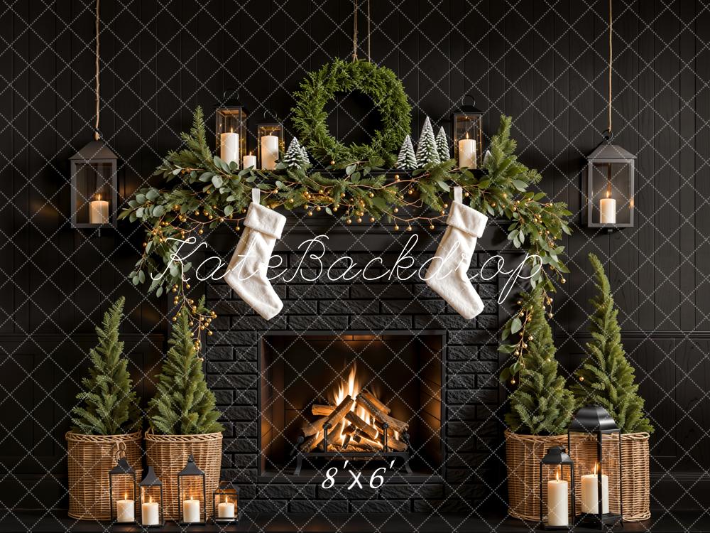 Fondo de pared negro de chimenea de árbol de Navidad diseñado por Emetselch