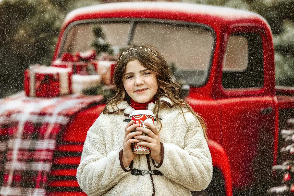 Kate Christmas Red Truck Plaid Forest Backdrop Designed by Emetselch