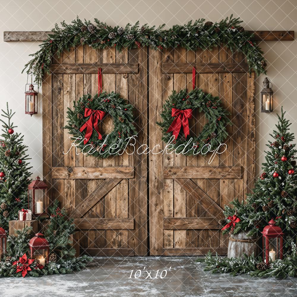 Kate Christmas Wooden Barn Door With Wreath Backdrop Designed by Emetselch