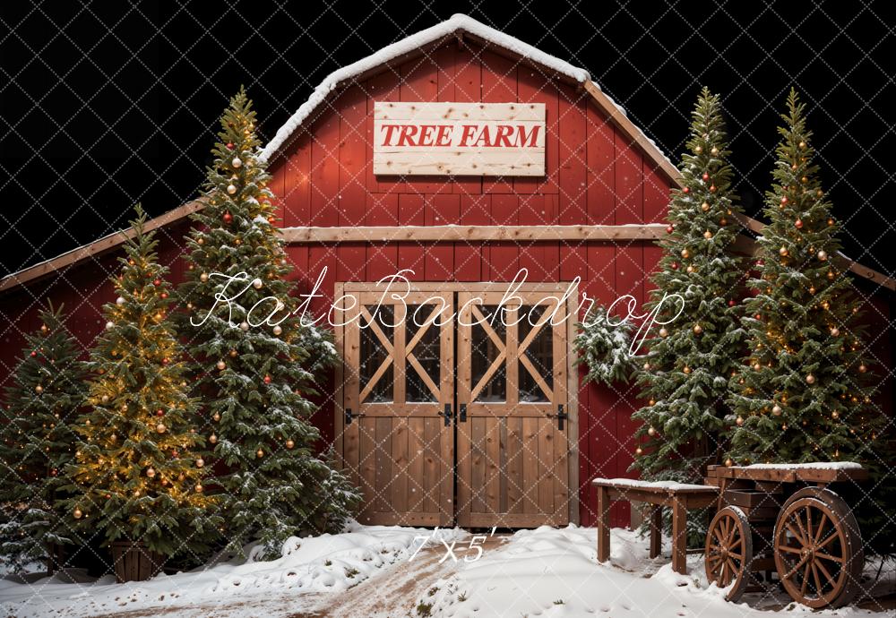 Kate Christmas Forest Red Tree Farm House Backdrop Designed by Emetselch