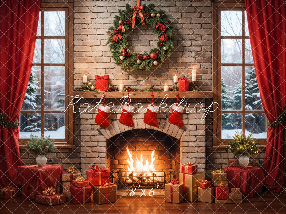 Kate Christmas Interior Red Curtain Retro Brick Fireplace Backdrop Designed by Emetselch