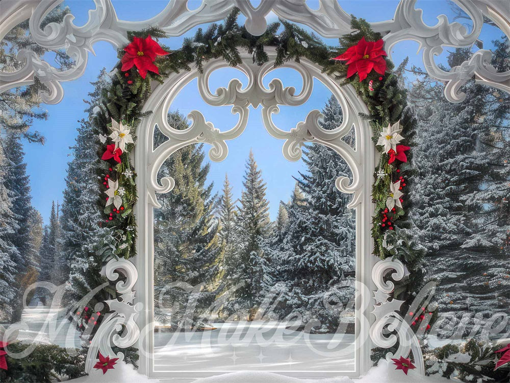 Kate Christmas Forest White Retro Floral Gate Backdrop Designed by Mini MakeBelieve