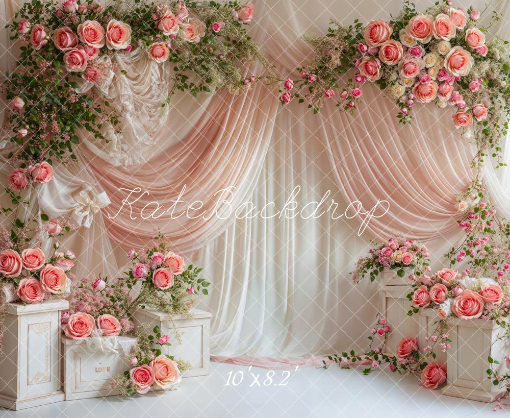 Kate Valentine Pink Floral Rose Curtain Backdrop Designed by Emetselch