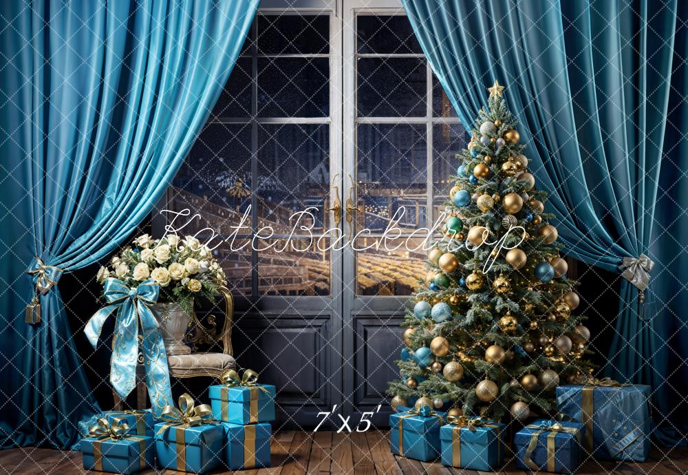 Kate Christmas Tree Sky Blue Curtains Gift Box Backdrop Designed by Emetselch