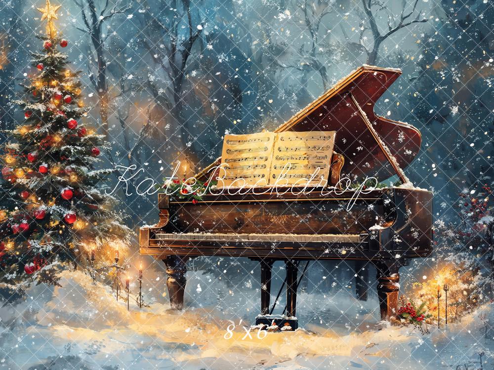 Kate Christmas Tree Piano Snowy Backdrop Designed by Emetselch