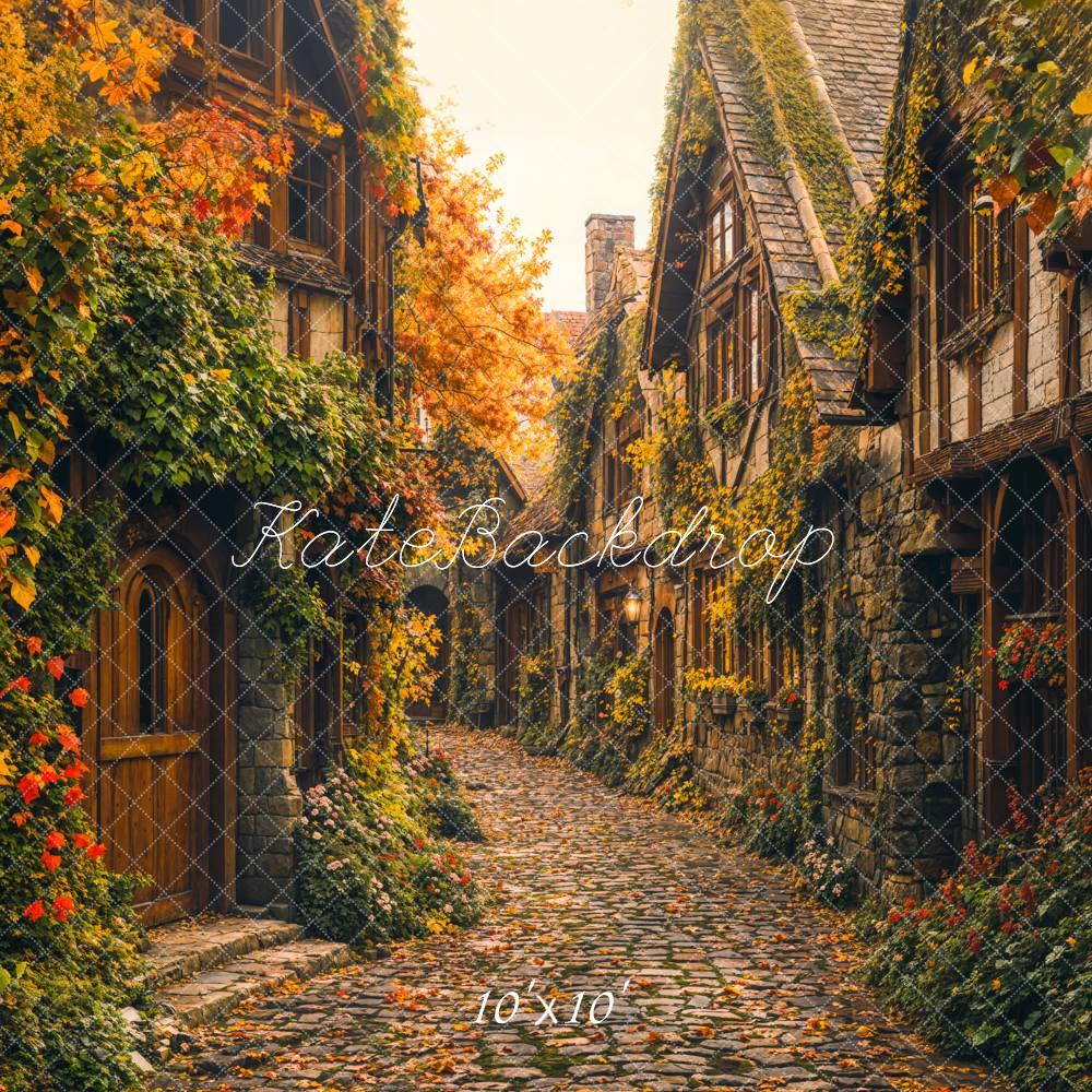 Fall Village Street Maple Leaves Foto Achtergrond Designed by Emetselch