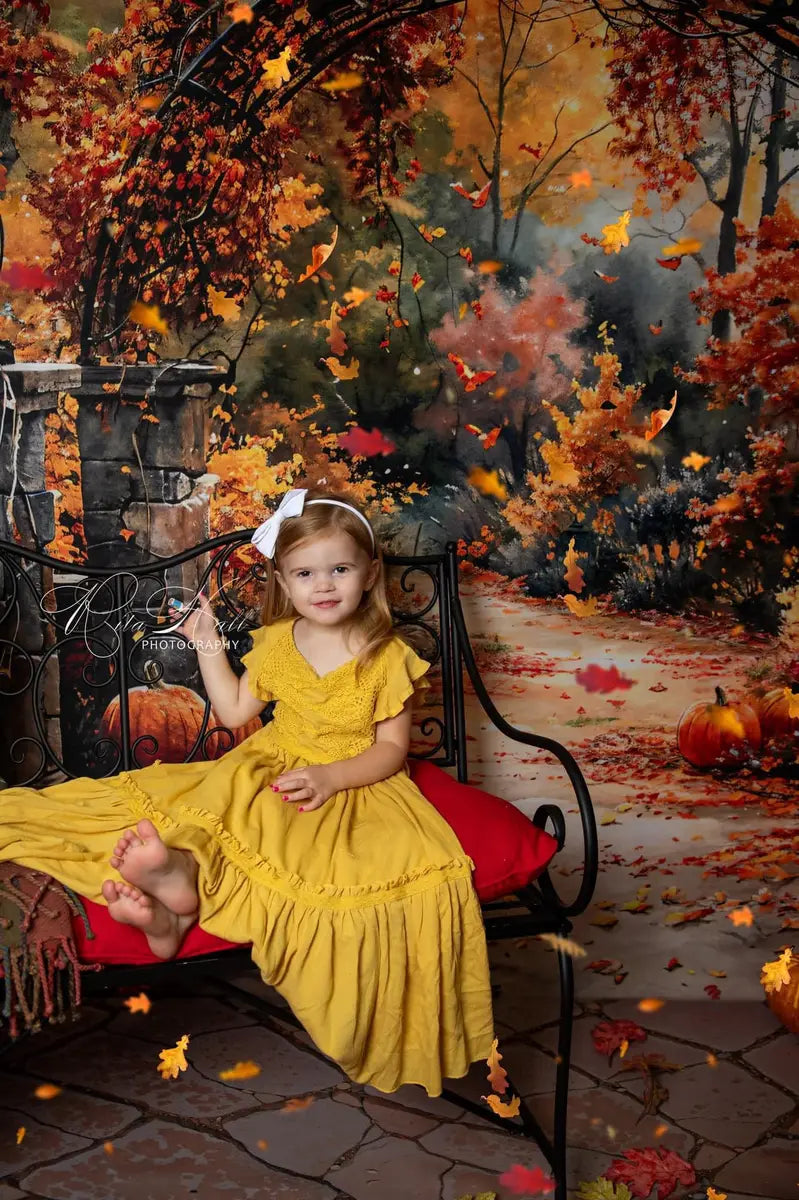 Kate Retro Watercolor Autumn Forest Pumpkin Arch Gate Backdrop Designed by GQ