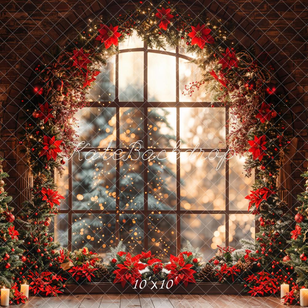 Fondo de ladrillo de pared de ventana en arco de árbol de Navidad interior diseñado por Emetselch