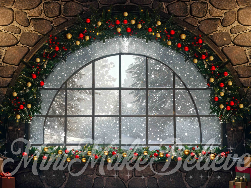 Kate Christmas Decoration Arched Window Stone Wall Backdrop Designed by Mini MakeBelieve