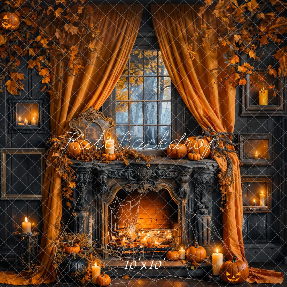 Kate Fall Halloween Pumpkin Black Fireplace Backdrop Designed by Emetselch