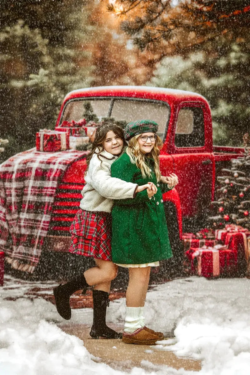 Kate Christmas Red Truck Plaid Forest Backdrop Designed by Emetselch