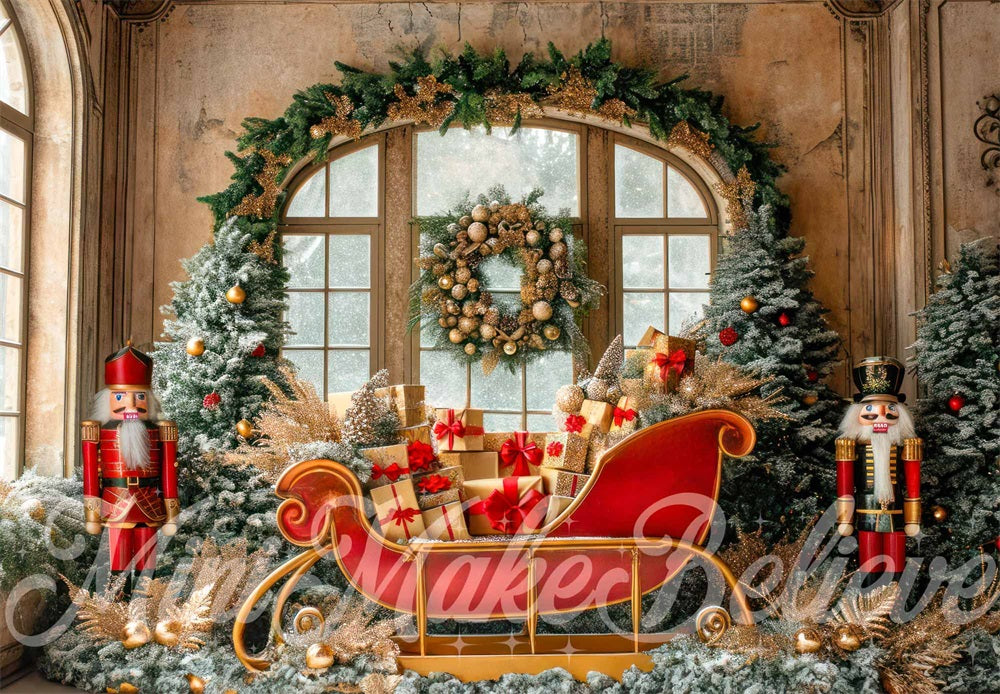 Kate Christmas Indoor Nutcracker Red Sleigh Arched Window Backdrop Designed by Mini MakeBelieve