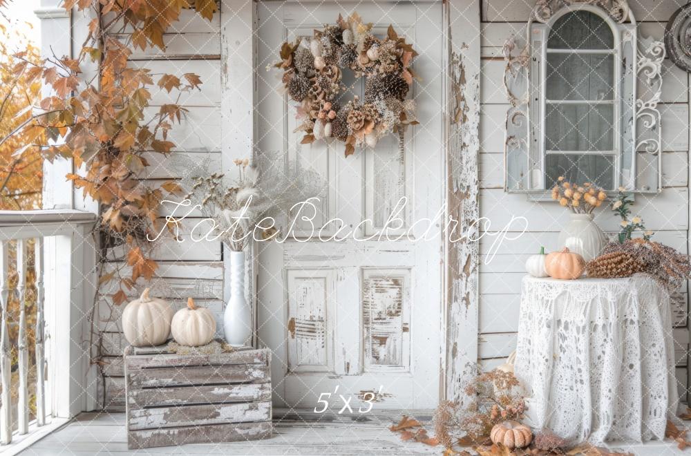 Backdrop per porta autunnale shabby bianco rustico con zucche Designed by Mini MakeBelieve