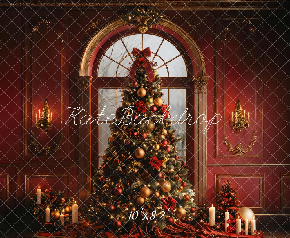 Kate Winter Christmas Tree Arched Window Red Retro Wall Backdrop Designed by Emetselch