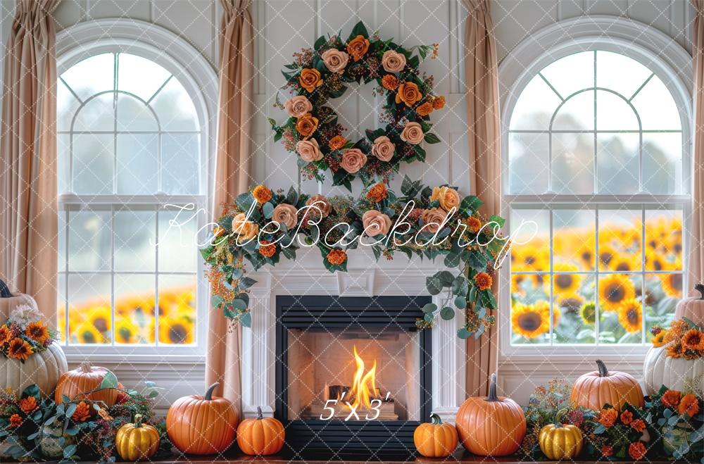 Kate Fall Pumpkin Sunflower Fireplace Wreath Backdrop Designed by Mini MakeBelieve