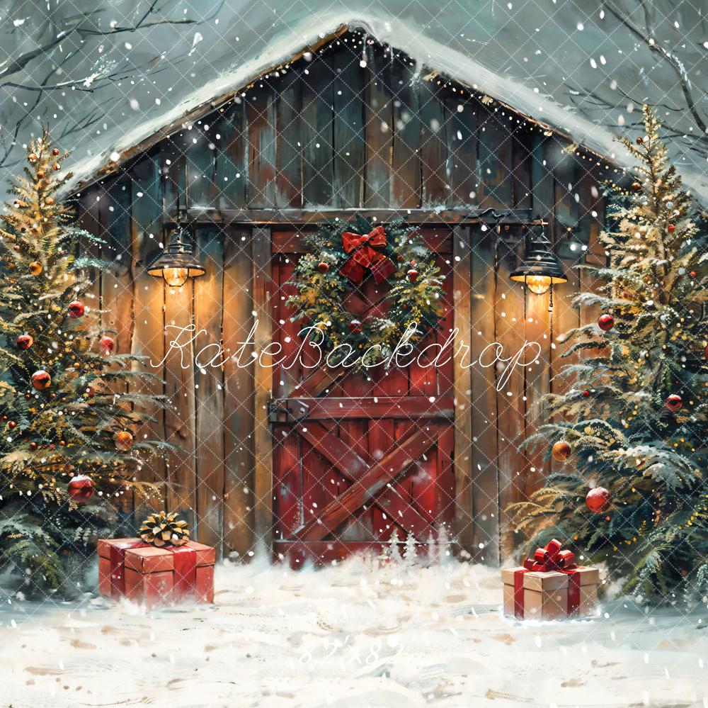 Kate Winter Forest Christmas Night Wooden Barn Backdrop Designed by Chain Photography