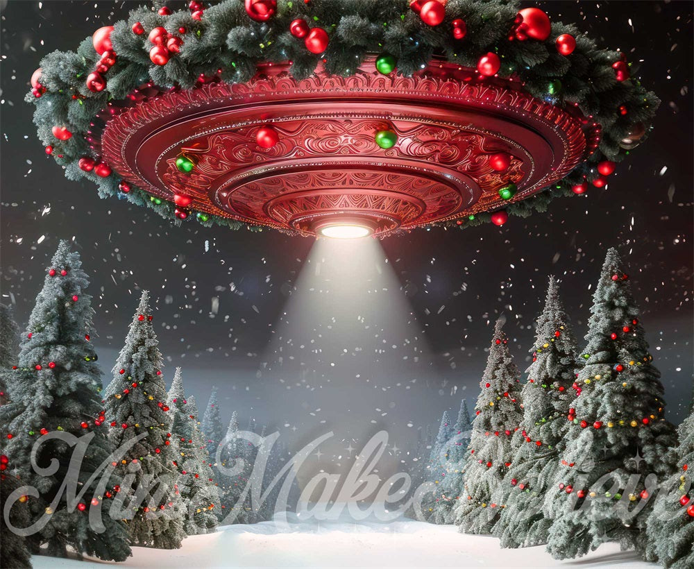 Inverno nella foresta di Natale Grande Sfondo Rosso UFO Disegnato da Mini MakeBelieve