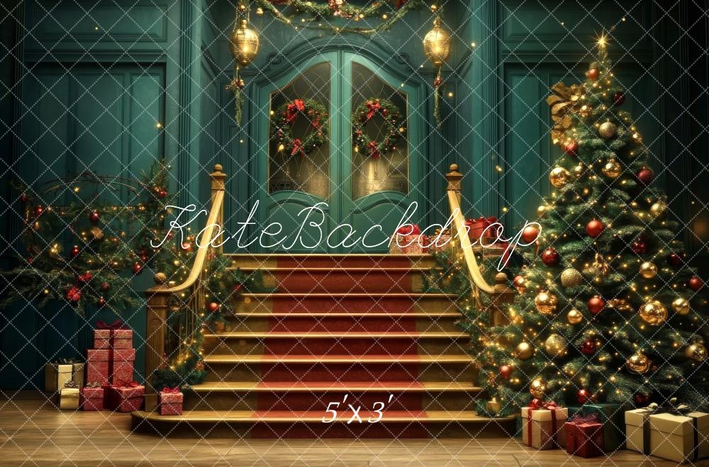 Kate Christmas Tree Cascading Stairs Blue Backdrop Designed by Lidia Redekopp