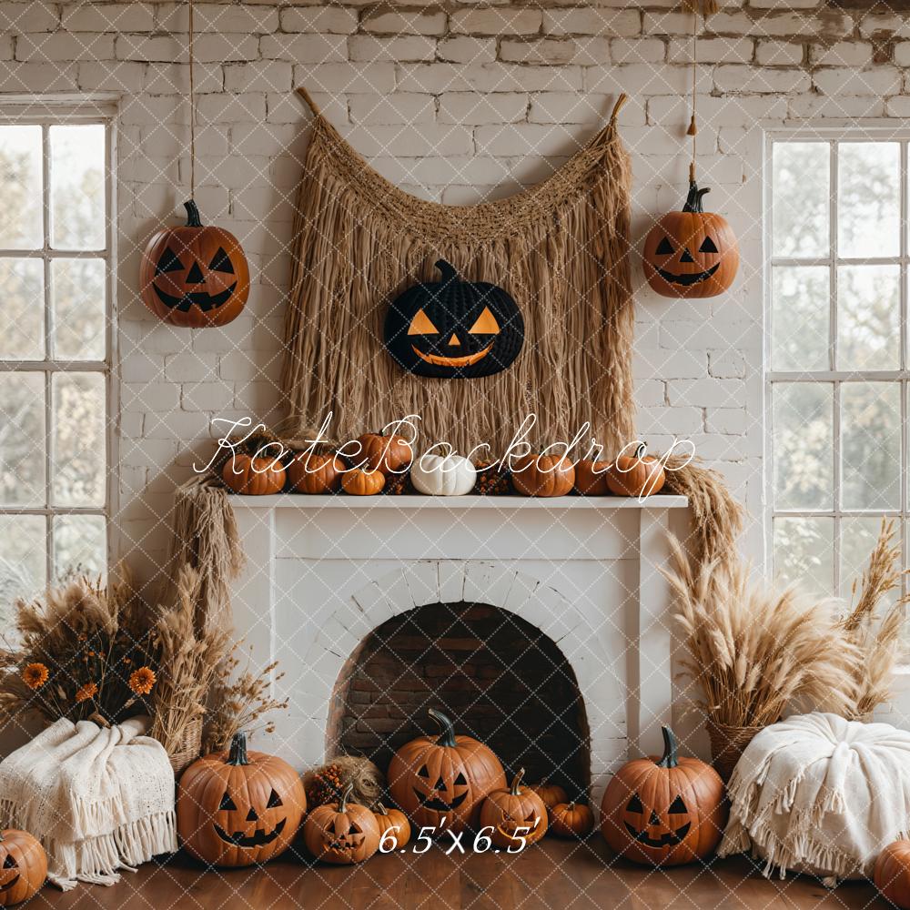 Kate Halloween Pumpkin White Fireplace Boho Backdrop Designed by Emetselch