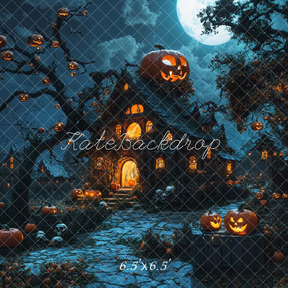 Kate Halloween Night Pumpkin Lanterns Wooden Cabin Backdrop Designed by Emetselch