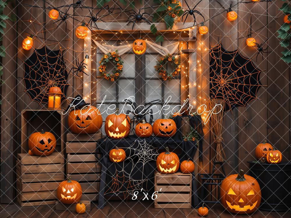 Halloween Houten Muur Pompoen Spinnenweb Foto Achtergrond Designed by Emetselch