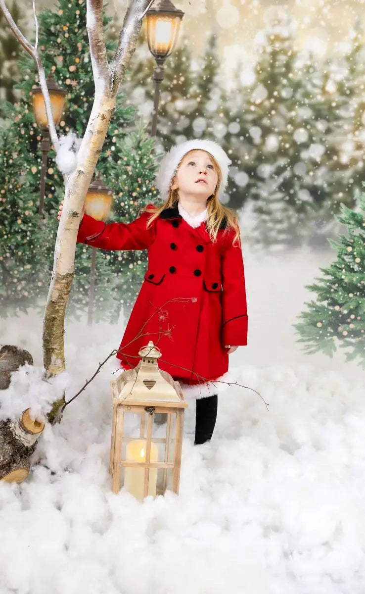 Natale luci nella foresta di neve per la fotografia con sfondo in pile