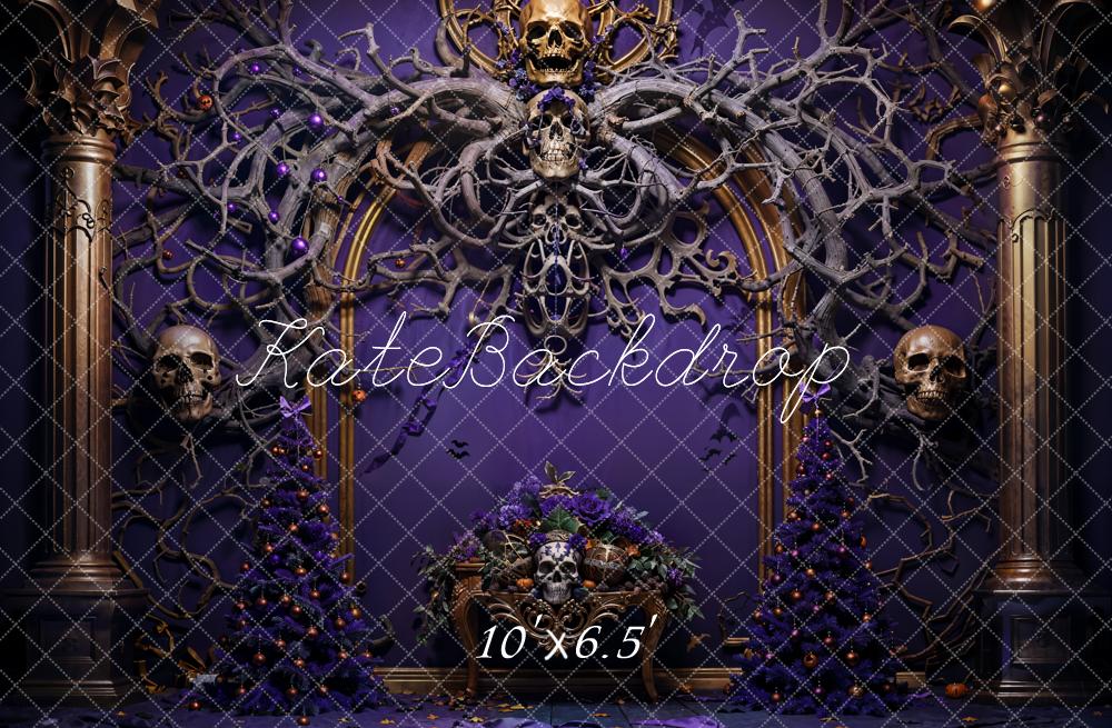 Fondo de pared morado de esqueletos de Halloween diseñado por Emetselch