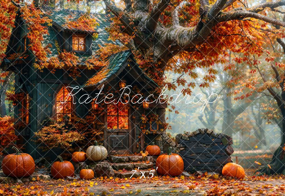 Kate Fall Forest Pumpkin Black Retro Hut Backdrop Designed by Emetselch