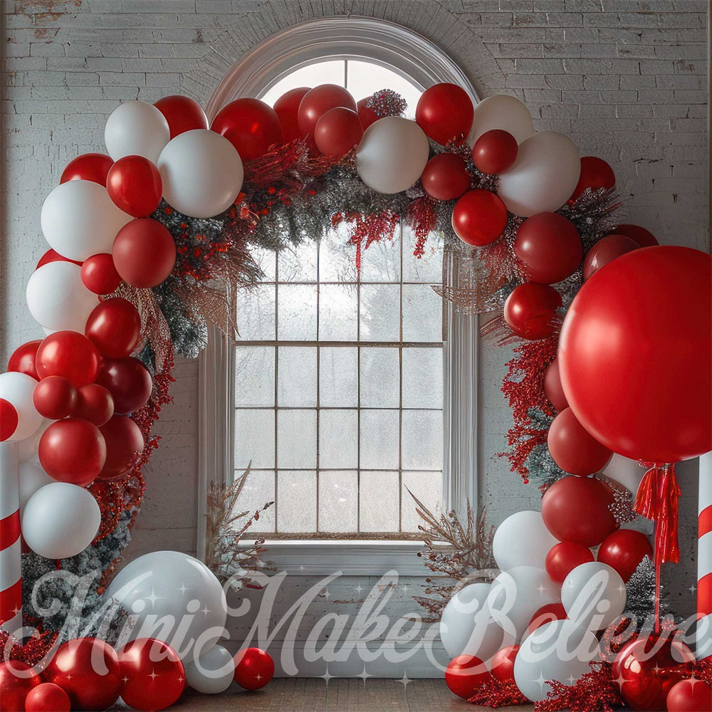 Kerst Kleurrijk Ballonnenboog Retro Wit Bakstenen Muurachtergrond Ontworpen door Mini MakeBelieve