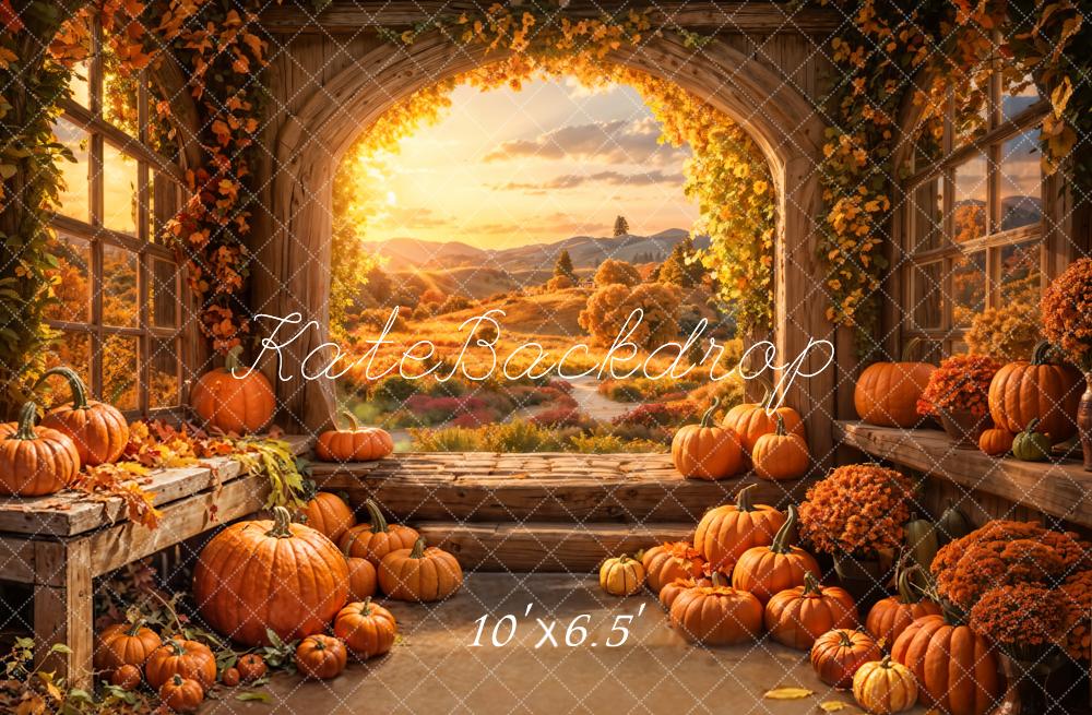 Kate Fall Indoor Golden Pumpkin Barn Arch Window Backdrop Designed by Emetselch