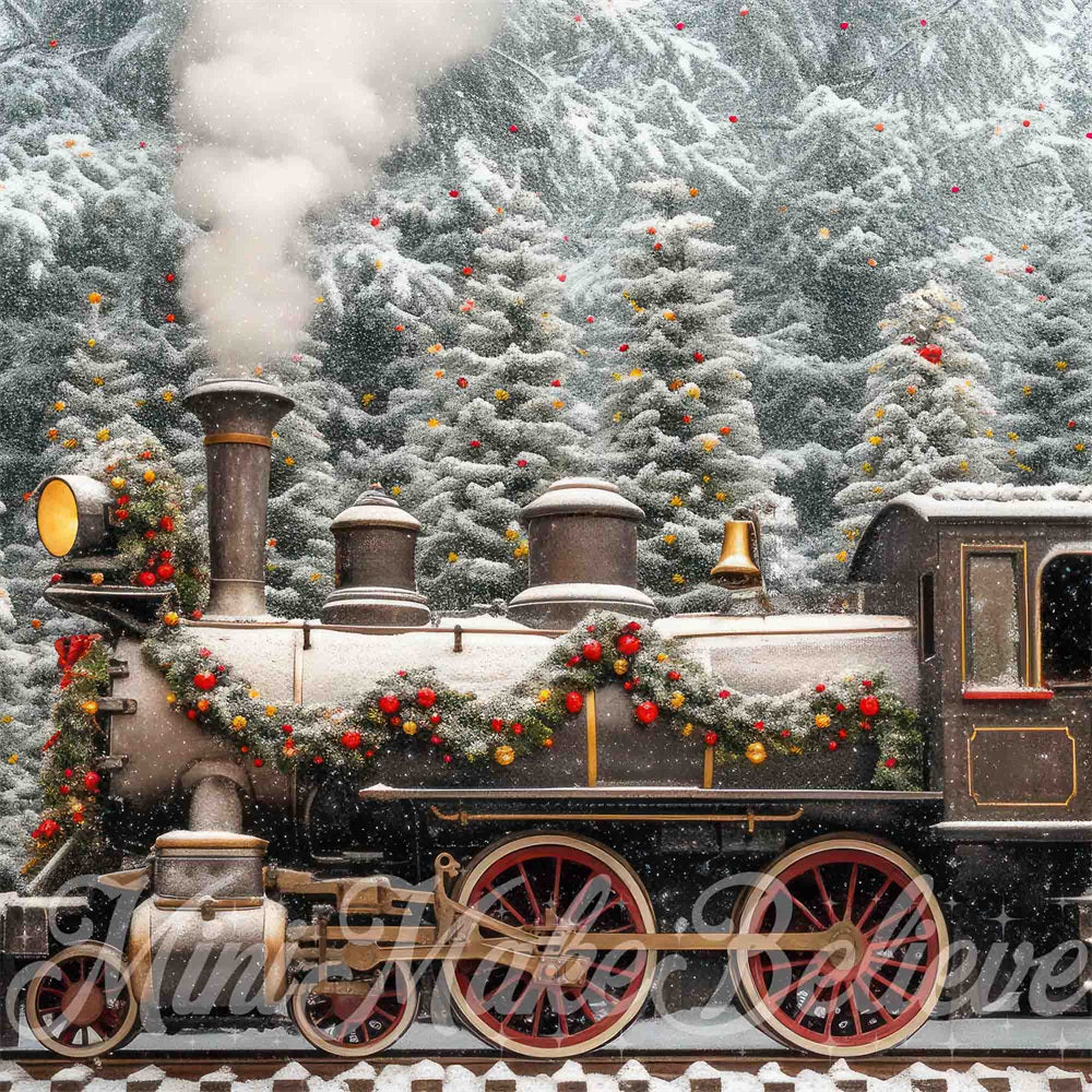 Winter Outdoor Bos Kerst Retro Trein Achtergrond Ontworpen door Mini MakeBelieve