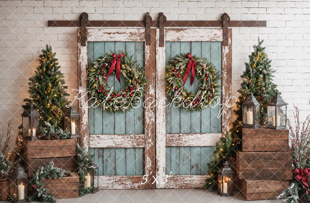 Fondo Rústico Vintage de Puerta Azul de Navidad Diseñado por Emetselch