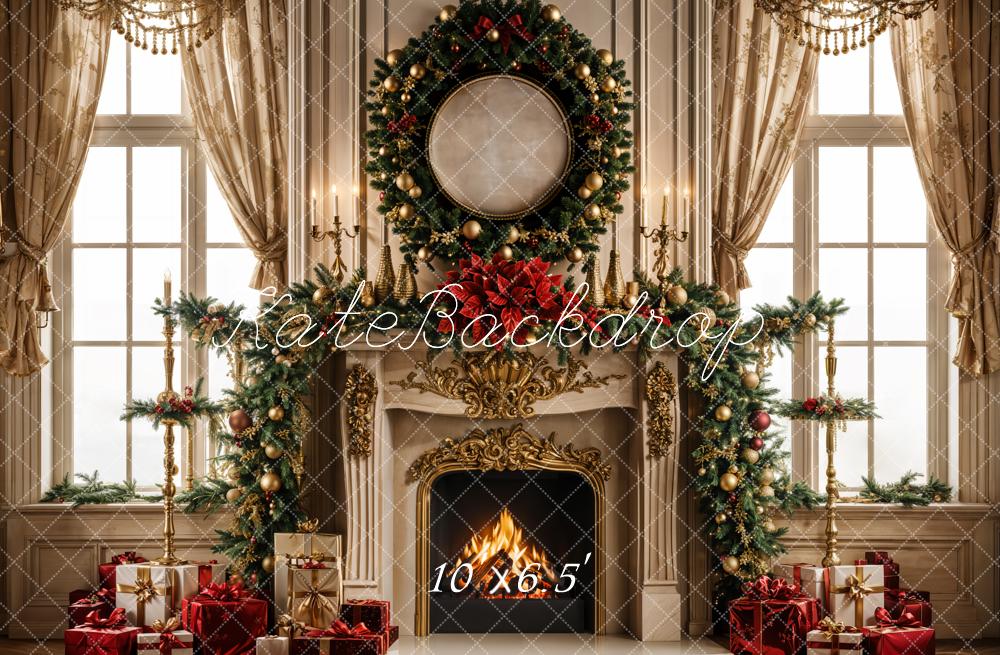 Kate Christmas Fireplace Retro Curtain Window Wreath Backdrop Designed by Emetselch