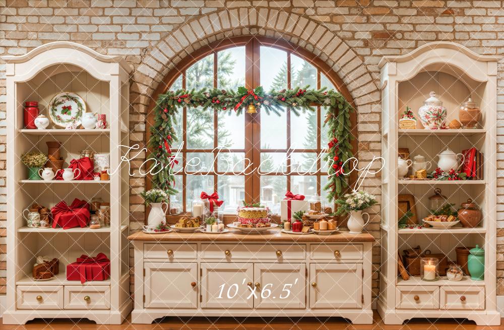 Kate Christmas Cream Vintage Brick Kitchen Backdrop Designed by Emetselch