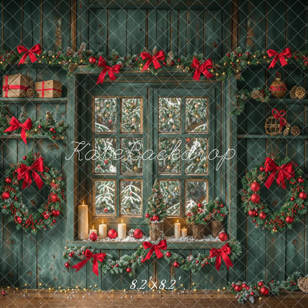 Kate Christmas Green Retro Wood Wall Window Backdrop Designed by Emetselch