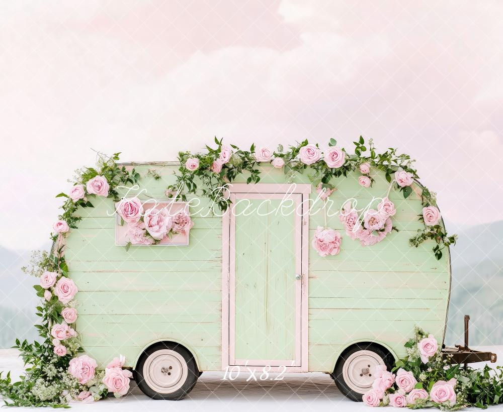 Fondo Floral de Primavera Camper Verde Menta Diseñado por Patty Roberts