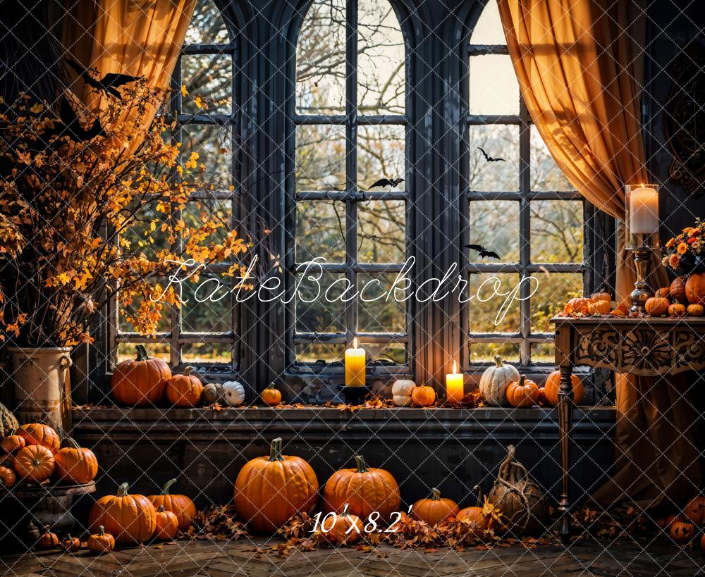 Kate Autumn Halloween Pumpkin Black Arched Window Backdrop Designed by Emetselch